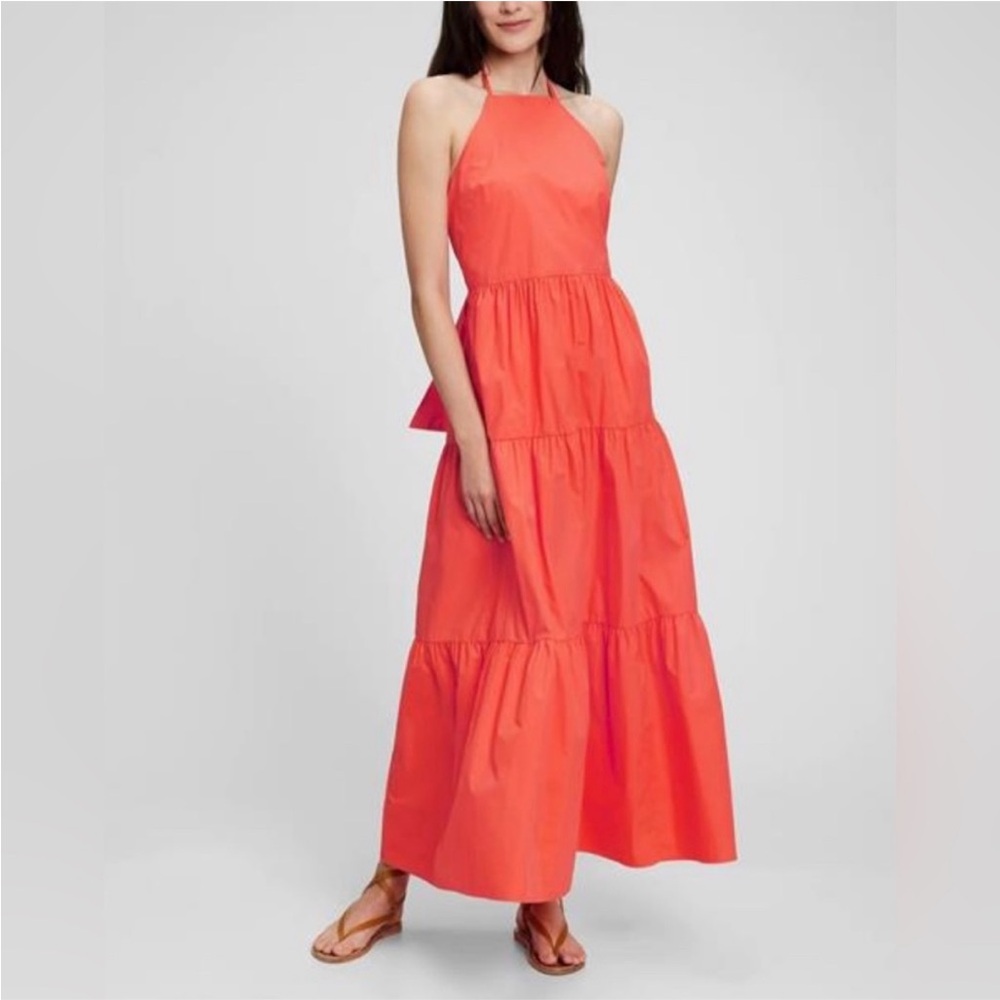 GAP Halter Dress Melon-Red Bright -Coral Tie-Back‎ Tiered Sundress Size 4 Womens